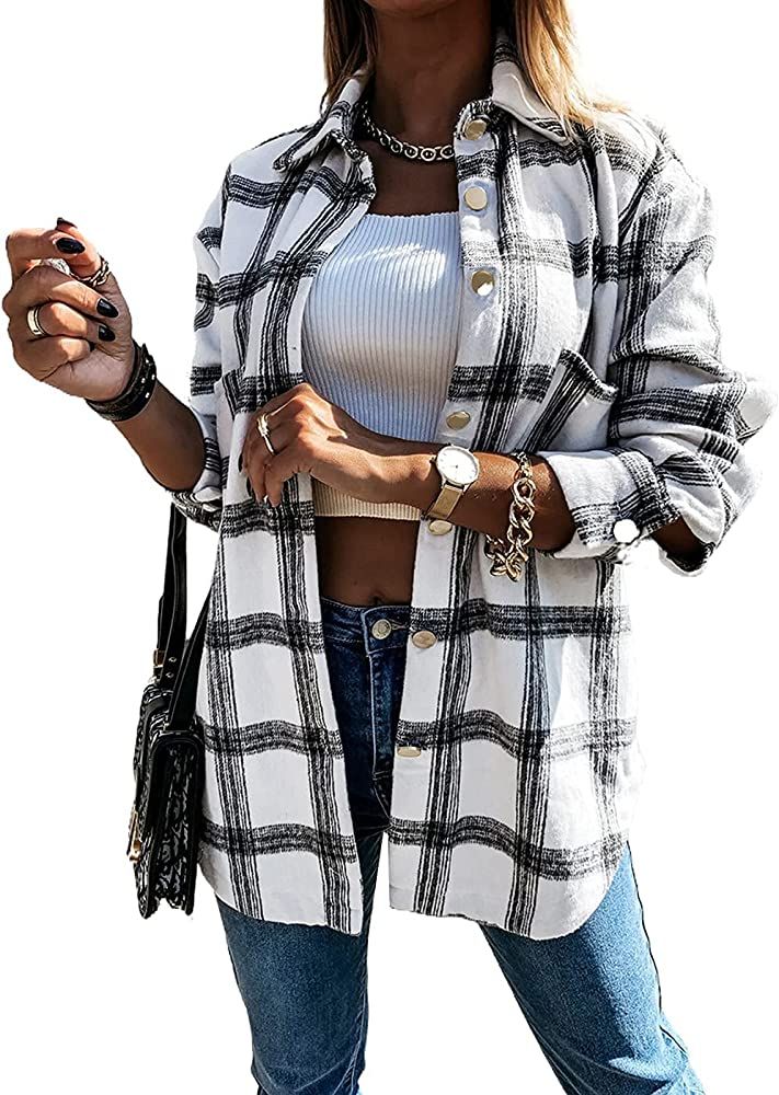 PRETTYGARDEN Women's Plaid Shirts Long Sleeve Lapel Button Down Cardigan Color Block Boyfriend Shack | Amazon (US)