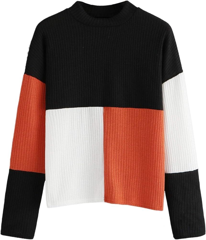 Women's Long Sleeve Mock Neck Color Block Casual Knit Sweater Pullover | Amazon (US)