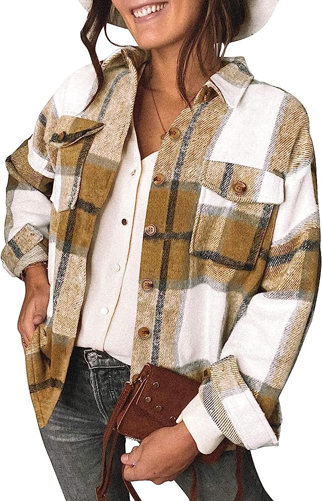 DOROSE Women's Long Sleeve Button Down Plaid Flannel Shirt Jackets Coats… | Amazon (US)