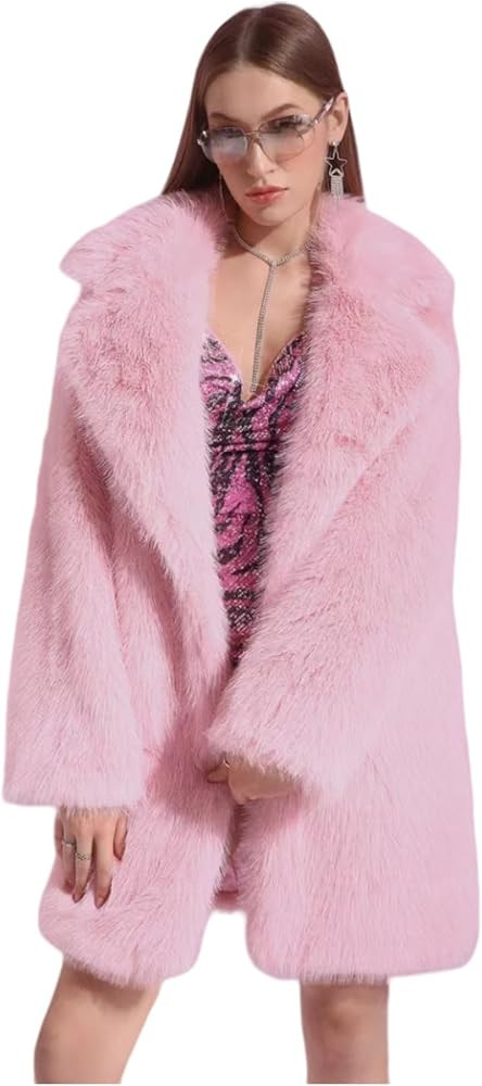 Women's Pink Faux Fur Soft Coat Fur Winter Long Sleeve Overcoat Outwear Jacket Knee Length | Amazon (US)