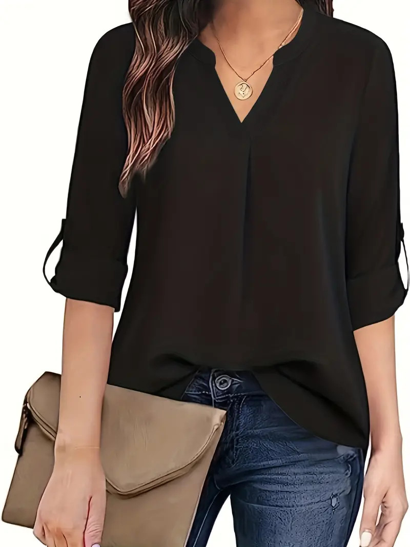 Chic Solid V-Neck Blouse - Fashionable simplicity for Women - Relaxed Casual Long Sleeve Style | Temu Affiliate Program