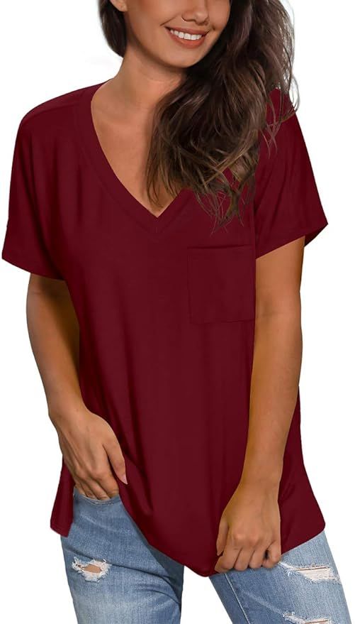 SAMPEEL Womans Short Sleeve Shirts V Neck Tees Women Cute Tops Solid Color | Amazon (US)