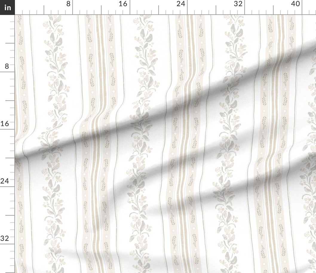 Watercolor Floral Vine Medallion Stripes in Soft Gray Light Beige on White Fabric | Spoonflower | Spoonflower
