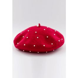 Handmade Pearl Wool Blend Beret Hat in Red | Chicwish