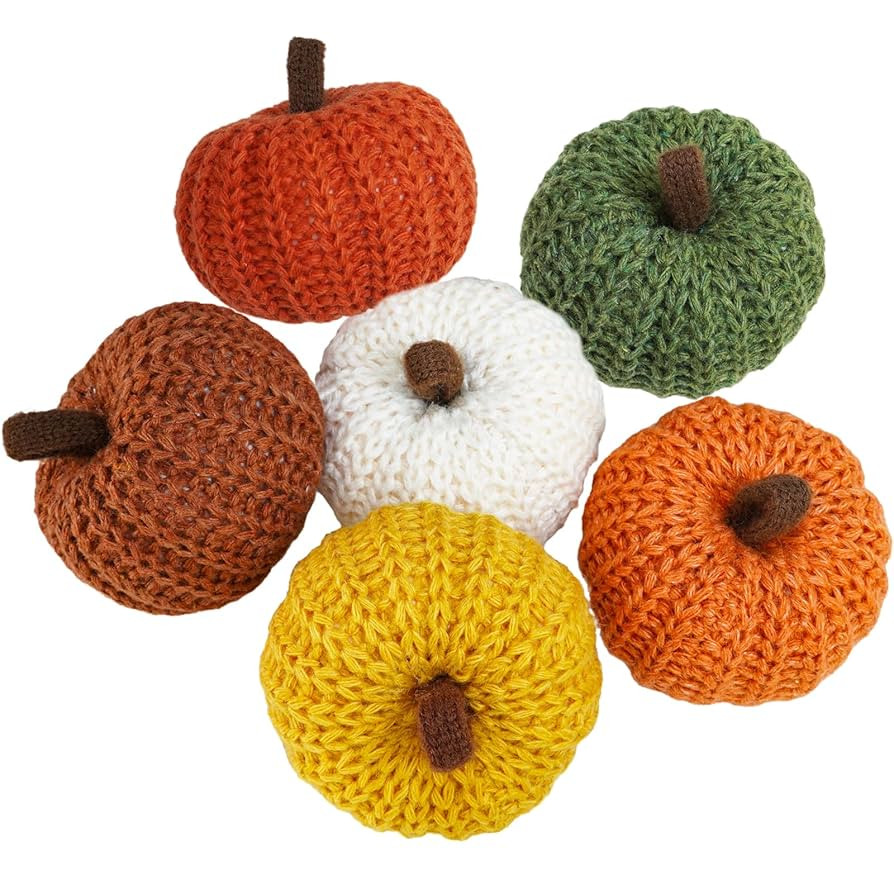 Winlyn Set of 6 Faux Fall Harvest Crochet Pumpkins Small Knit Pumpkins in Orange Yellow Green Bro... | Amazon (US)