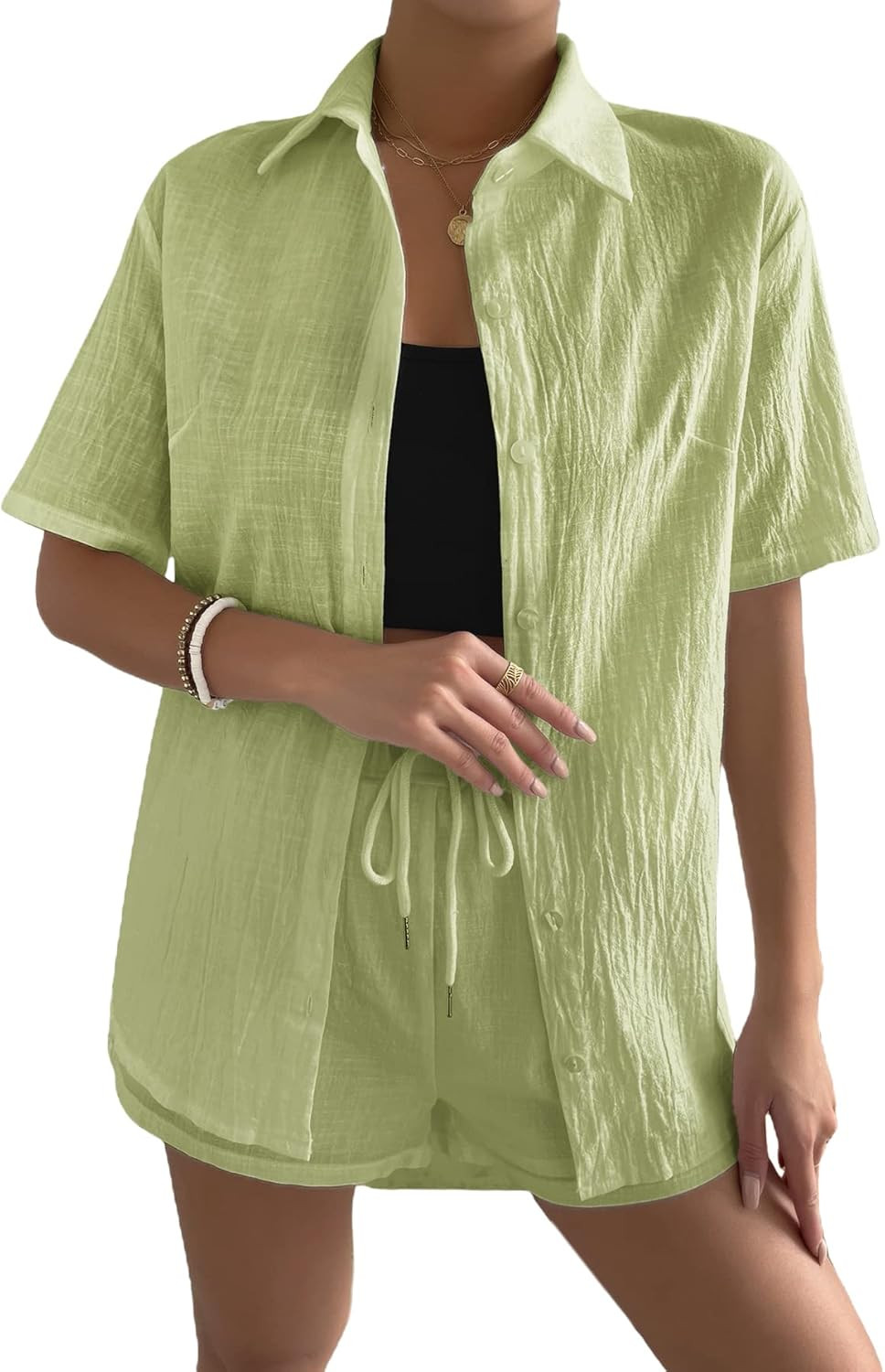 MakeMeChic Women's 2 Piece Outfits Casual Solid Short Sleeve Button Down Blouse and Short Set | Amazon (US)