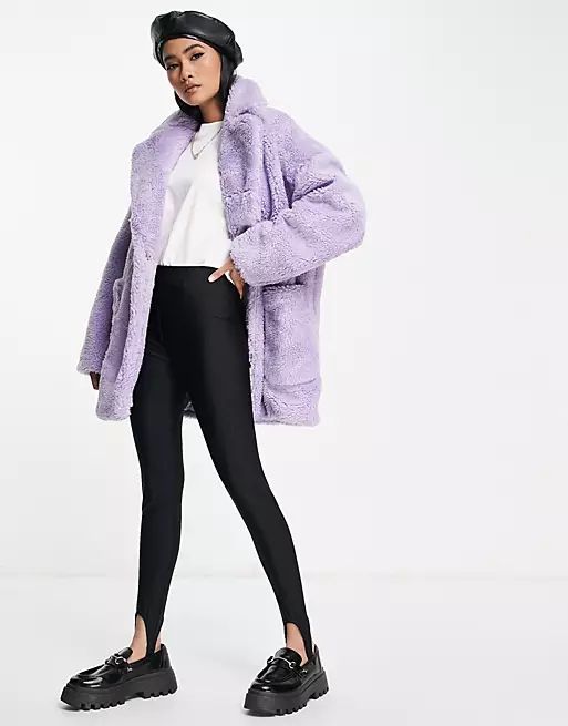 Topshop borg midi coat with patch pockets in lilac | ASOS | ASOS (Global)