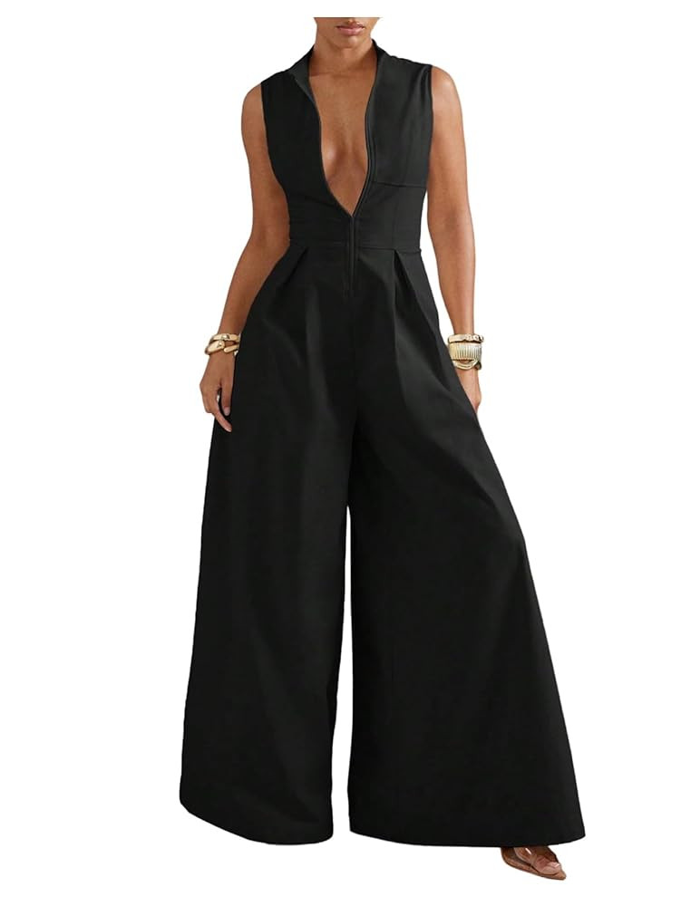 Verdusa Women's Zip Up Wide Leg Jumpsuits Sleeveless One Piece Dressy Rompers Formal | Amazon (US)