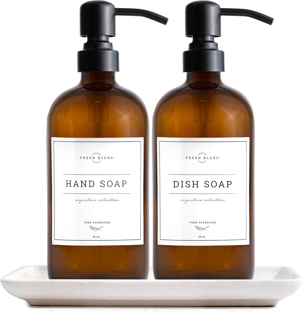 Vine Creations Amber Glass Soap Dispenser, 2 Pack Kitchen Soap Dispenser Set with Ceramic Tray, S... | Amazon (US)