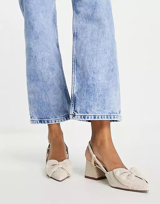 ASOS DESIGN Suzy bow slingback mid heeled shoes in natural | ASOS | ASOS (Global)
