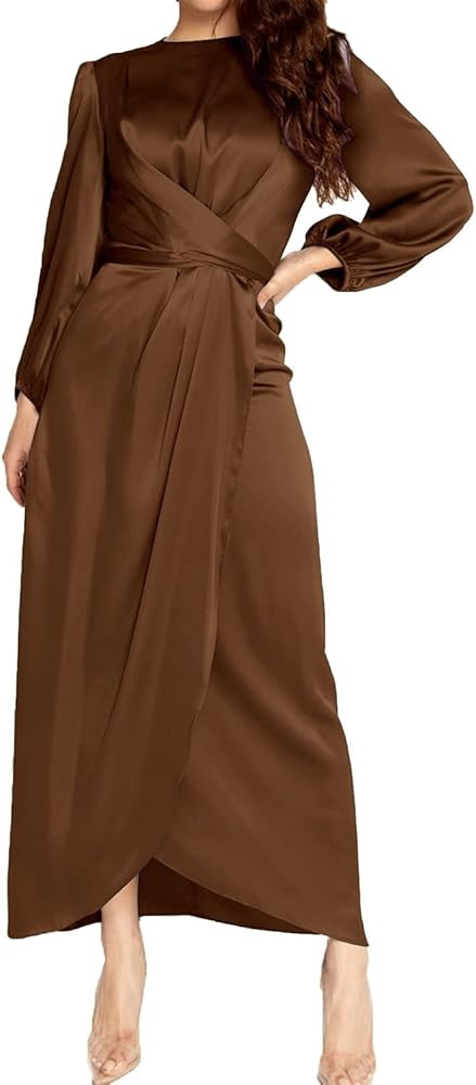 PINUPART Women's Elegant Empire Waist Long Sleeve Satin Maxi Dress | Amazon (US)