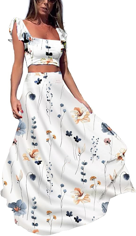 Vakkest Women's 2 Piece Skirt Outfits Boho Floral Sleeveless Crop Top and Plus Size Tropical Beac... | Amazon (US)