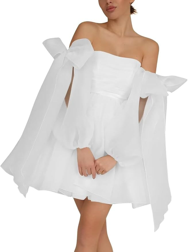 Off The Shoulder Organza Homecoming Dresses Bow Tie Long Sleeve Prom Dresses Short A-Line Formal ... | Amazon (US)