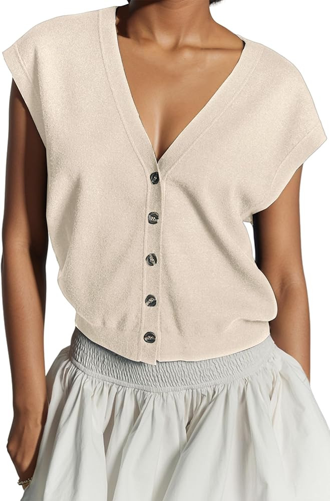 MISSACTIVER Women Summer Sleeveless Button Down Sweater Vest V Neck Cap Sleeve Solid Color Knitte... | Amazon (US)