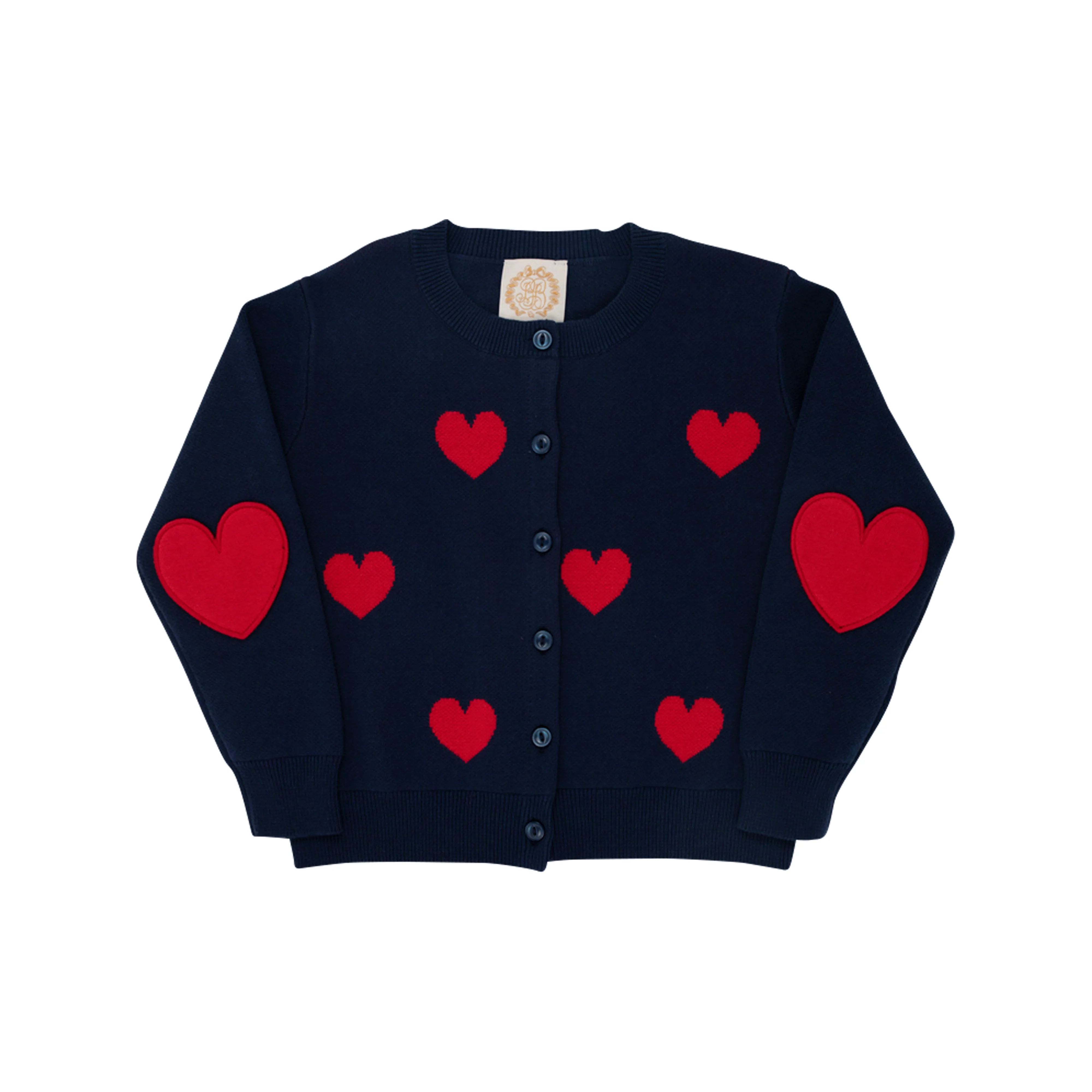 Izzy's Intarsia Cardigan - Nantucket Navy with Richmond Red Hearts | The Beaufort Bonnet Company