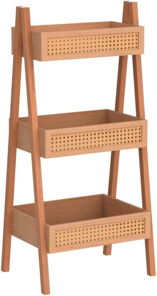 ZYBT Ladder Bookshelf, 3-Tier Rattan Bookshelf, Free Standing Bookcase, Blanket Ladder, Wood Orga... | Amazon (US)