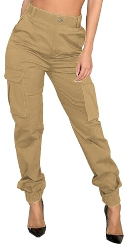 CaniBtr Cargo Pants for Women Joggers with Flap Pockets High Waist Casual Slim Hiking Active Sweatpants Combat Trousers(Khaki,M) | Amazon (US)
