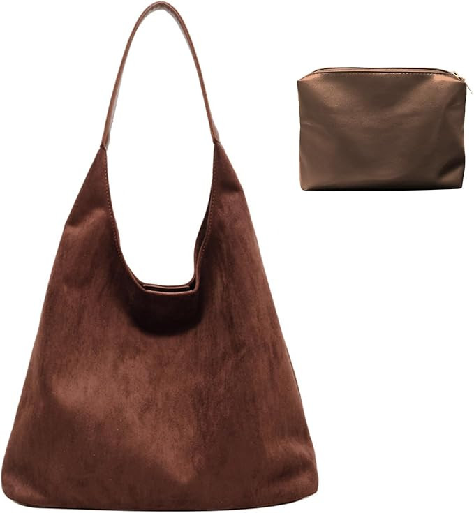 Suede Bags for Women - Brown Suede Tote and Shoulder Bag with Zipper Purse | Amazon (US)