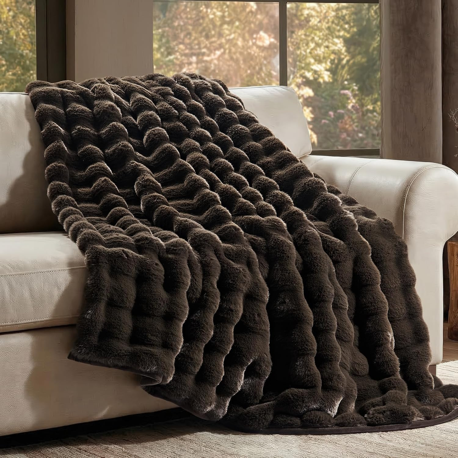 Faux Rabbit Fur Bubble Throw Blanket, 50"x60", Dark Brown | Amazon (US)