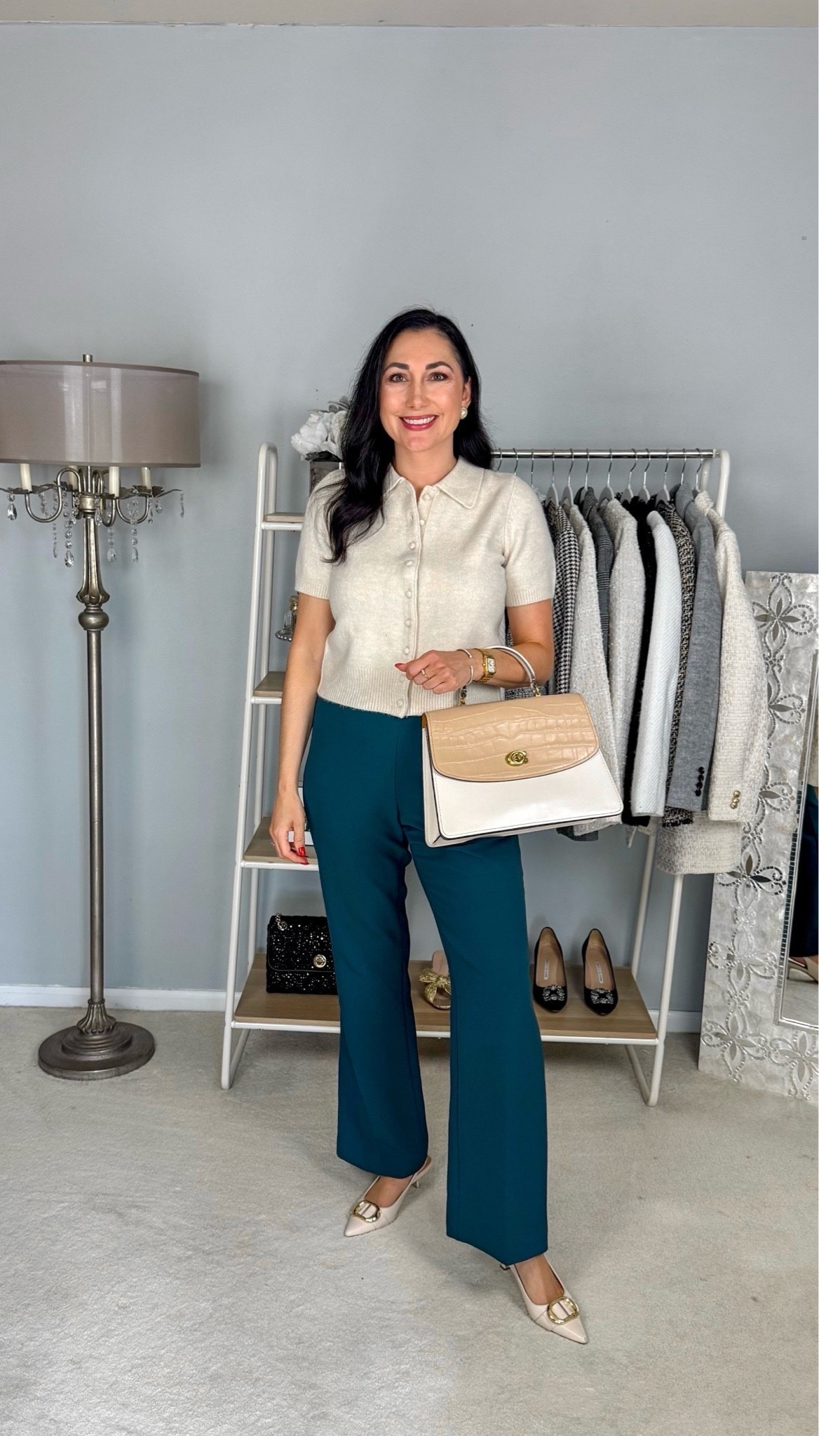 Classic business casual work outfit 🤍💚

Ivory button up short sleeve sweater size small, TTS
Green pants 
Ivory sling backs 

Work wear 
Office outfit 
NSALE 
Nordstrom anniversary sale

#LTKSaleAlert #LTKWorkwear #LTKSeasonal