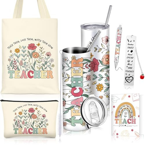 Geiserailie 6 Pcs Teacher Appreciation Gifts End of Year Thank You Teacher Gifts Set with 20 oz Tumbler Tote Makeup Bag Card Pen from Student Graduation Retirement (Wildflower) | Amazon (US)