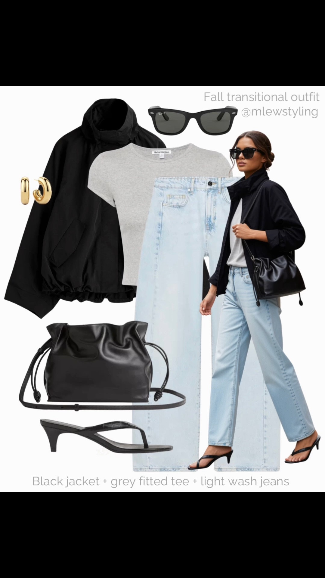 Fall transitional outfit 〰️

Tags: late summer outfit, black funnel neck jacket, reformation grey tee, Zara barrel leg jeans, quince pouch bag, kitten heel thong sandals, rayban wayfarer sunglasses, neutral outfit formulas

#LTKsummer #LTKjeans #LTKbag