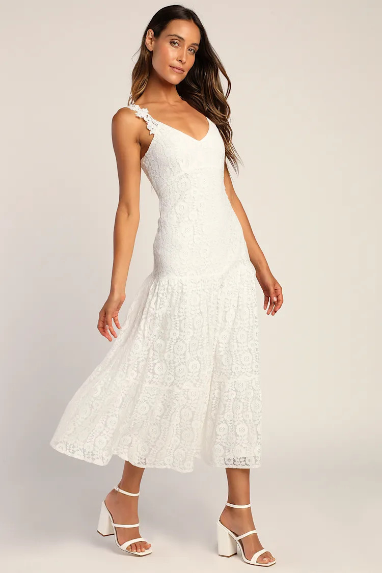 Forever Yours White Lace Sleeveless V-Neck Midi Dress | Lulus (US)
