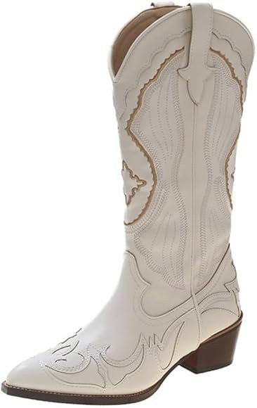Cowboy Boots for Women Mid-Calf Embroidery Pointed Toe Vintage Slip-On Western Boots Cowgirl Bloc... | Amazon (UK)