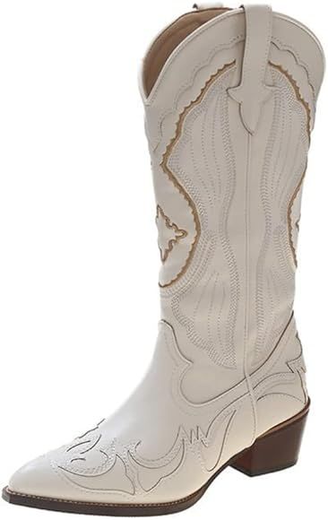 Cowboy Boots for Women Mid-Calf Embroidery Pointed Toe Vintage Slip-On Western Boots Cowgirl Bloc... | Amazon (UK)