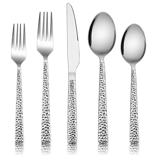 E-far 80-Piece Hammered Silverware Set, Stainless Steel Square Flatware Set Service for 16, Tableware Cutlery Set Includes Forks Spoons Knives, Modern Design & Mirror Polished - Dishwasher Safe | Amazon (US)