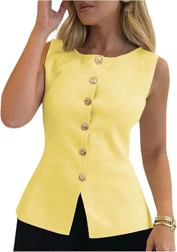 GORGLITTER Women's Sleeveless Sweater Knit Vest Tops Trendy Dressy Business Casual Metallic Butto... | Amazon (US)