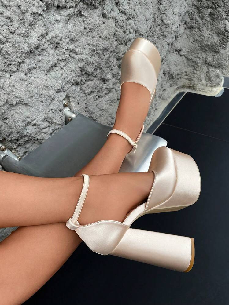 CUCCOO SZL Woman Shoes Elegant Chunky Heeled Satin Ankle Strap Beige Pumps For Summer Graduation Heels Prom Heels Vacation Shoes Back To School Shoes College Student Shoes Party Baddie Chic Gorgeous Style Disco Party Night Out Spring Shoes Spring Break Easter For Christmas | SHEIN