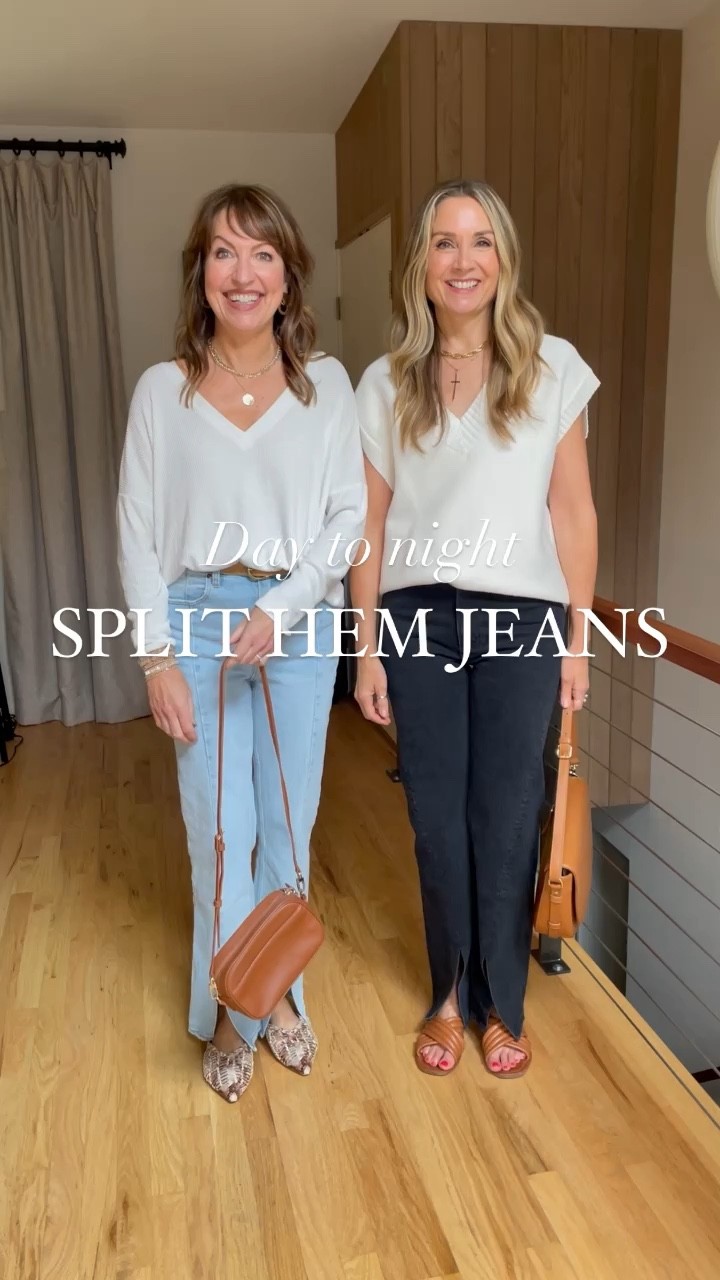 Trend alert! Split hem jeans came on the scene last year and they’re still going strong!🍁 We wear jeans non-stop, so the split hem is a fun way to mix up our denim wardrobes. Style them for day or night (shown here), and let the split hem show off a cute pair of sandals, mules or fall boots!🍁 
You can shop our split hem jeans and other outfit details on the @shop.ltk app!! 

Abercrombie, split hem jeans, date night outfits, moto jacket, sweater

#LTKstyletip #LTKunder50 #LTKSeasonal