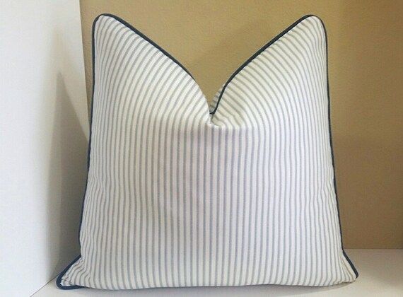 Light Blue Ticking Stripe Pillow Cover with Navy Trim Detail - All sizes available, pick your size d | Etsy (US)