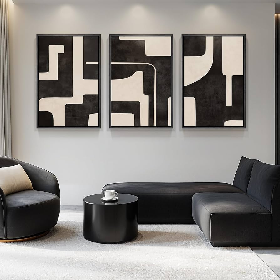Large Framed Neutral Abstract Wall Art for Living Room, 3 Piece Black Beige Canvas Prints Paintin... | Amazon (US)
