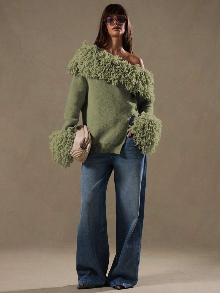 MUSERA Textured Shaggy Knit Off The Shoulder  | SHEIN