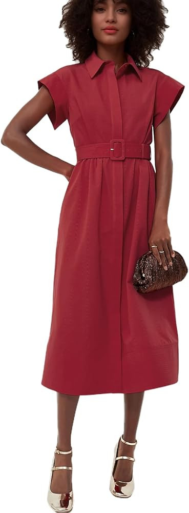 Jenkoon Women's Turn Down Collar Shirt Dress with Belt Short Sleeve Shell Trench Coat Formal Dres... | Amazon (US)