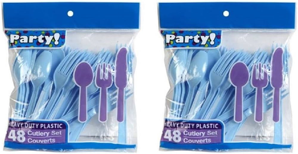 Heavy Duty Plastic Cutlery Set in Baby Blue - 32 Spoons, 32 Forks, 32 Knives - Light Blue | Amazon (US)