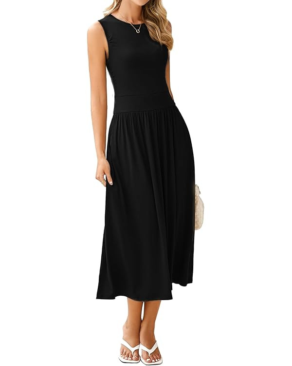 BerryGo Women's Summer Sleeveless 2025 Midi Dress Crew Neck Casual Swing Ruched Flowy Smocked Wai... | Amazon (US)