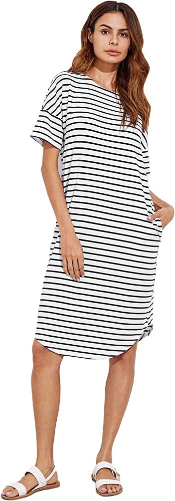 Floerns Women's Short Sleeve Drop Shoulder Pocket Stripe T Shirt Dress | Amazon (US)