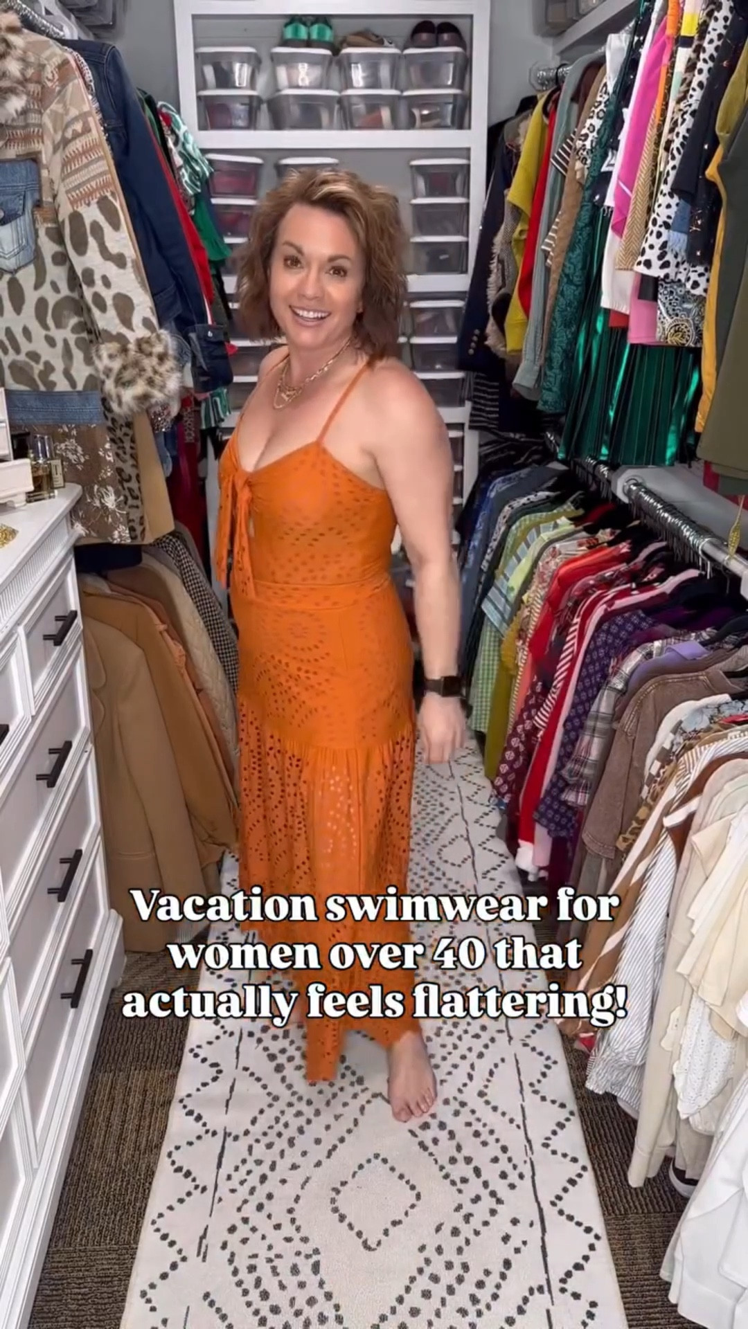 This Flaxmaker eyelet swim set from Amazon looks like a beautiful summer maxi dress but it’s actually a swimsuit with a matching cover-up skirt.

The tie-front detail and eyelet fabric give it a really pretty resort-style look, and the skirt makes it perfect for walking around the pool or heading to lunch.

Such a fun vacation outfit or cruise look.

Amazon swim set
Flaxmaker swimsuit
orange eyelet dress
swim cover up skirt set
Amazon vacation outfit
resort wear Amazon