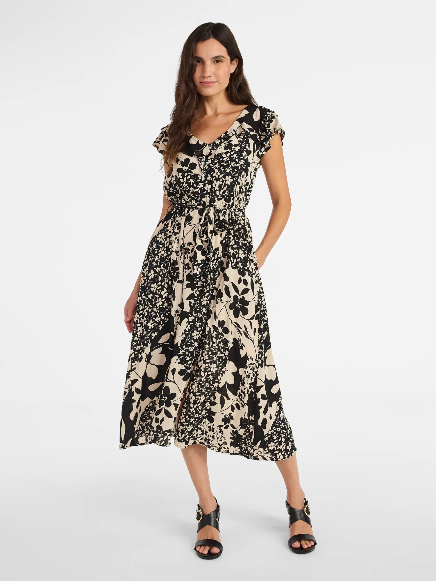 Time and Tru Women's and Women's Plus Ruffle Midi Dress with Flutter Sleeves, Sizes XS-4X | Walmart (US)