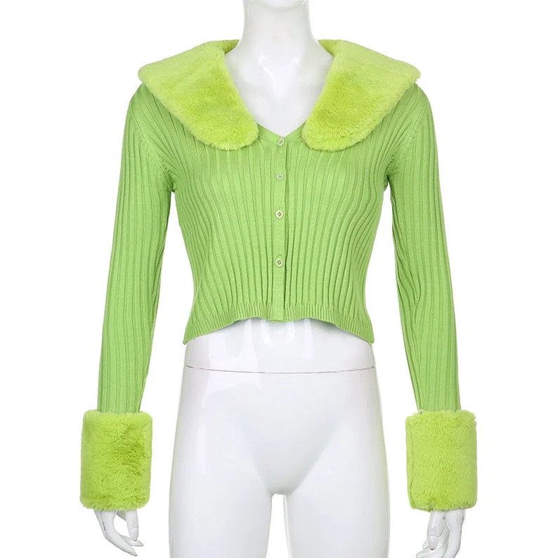 Y2K Green/Cream/Black Fur Collar Ribbed Cardigan | Etsy (CAD)