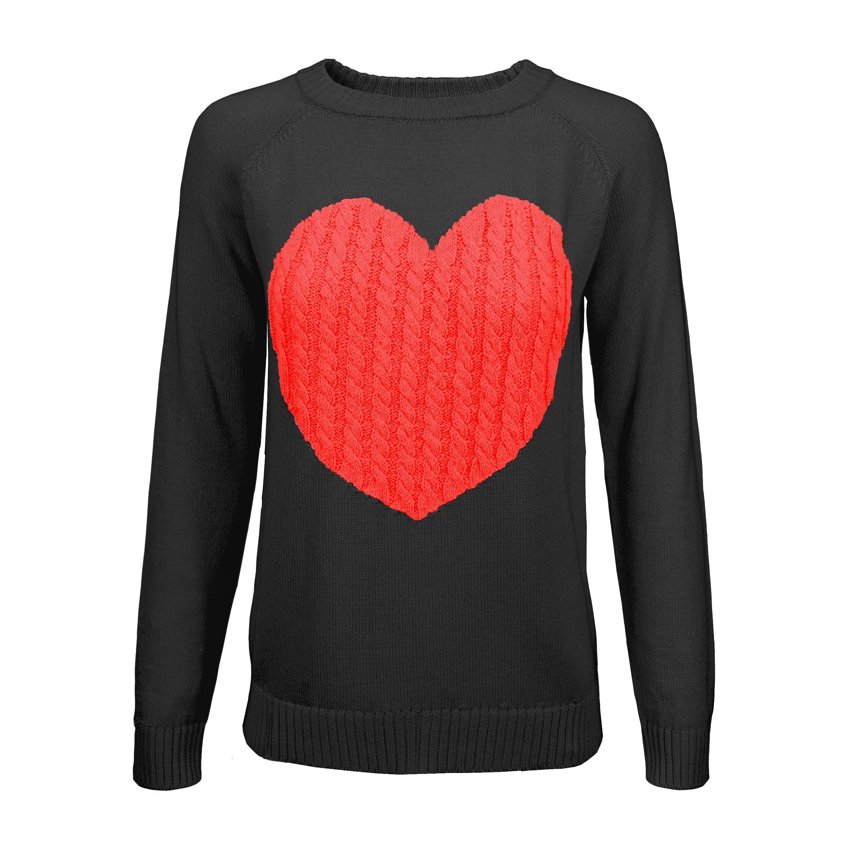 YEMAK Women's Pullover Sweater Long Sleeve Crewneck Cute Heart Cable Knit MK3506 (S-L)-BLK/RED-M | Walmart (US)