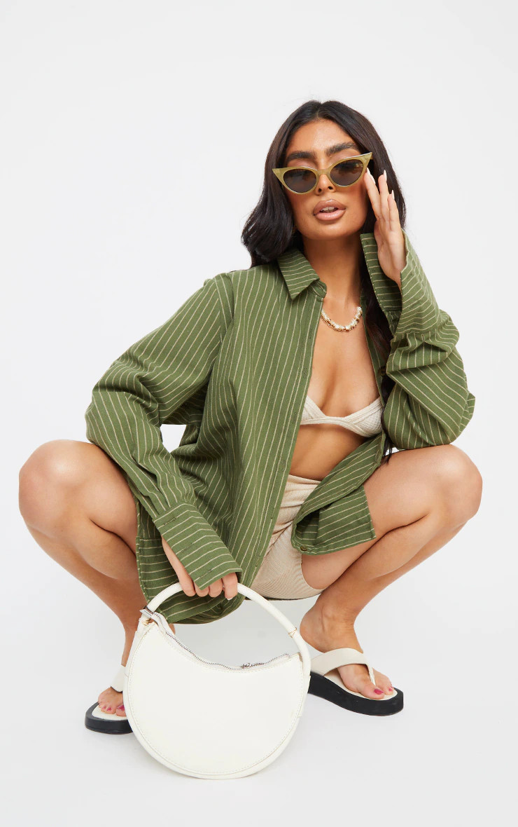 Khaki Oversized Pinstripe Cuff Shirt | PrettyLittleThing US