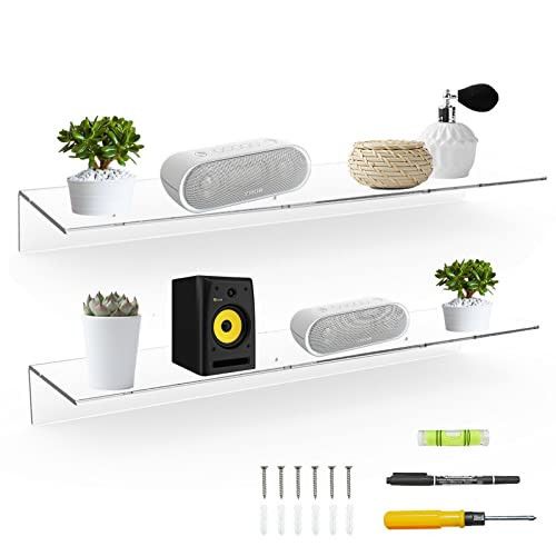 Sezanrpt 24 Inches Clear Floating Shelves for Wall, Acrylic Long Wall Shelf, Wall Mounted Shelves for Plants, Speaker, Radio, Funko Pop, Stuffed Animal, Books, Cosmetics, Toiletries, 2 Pack (24 Inch) | Amazon (US)