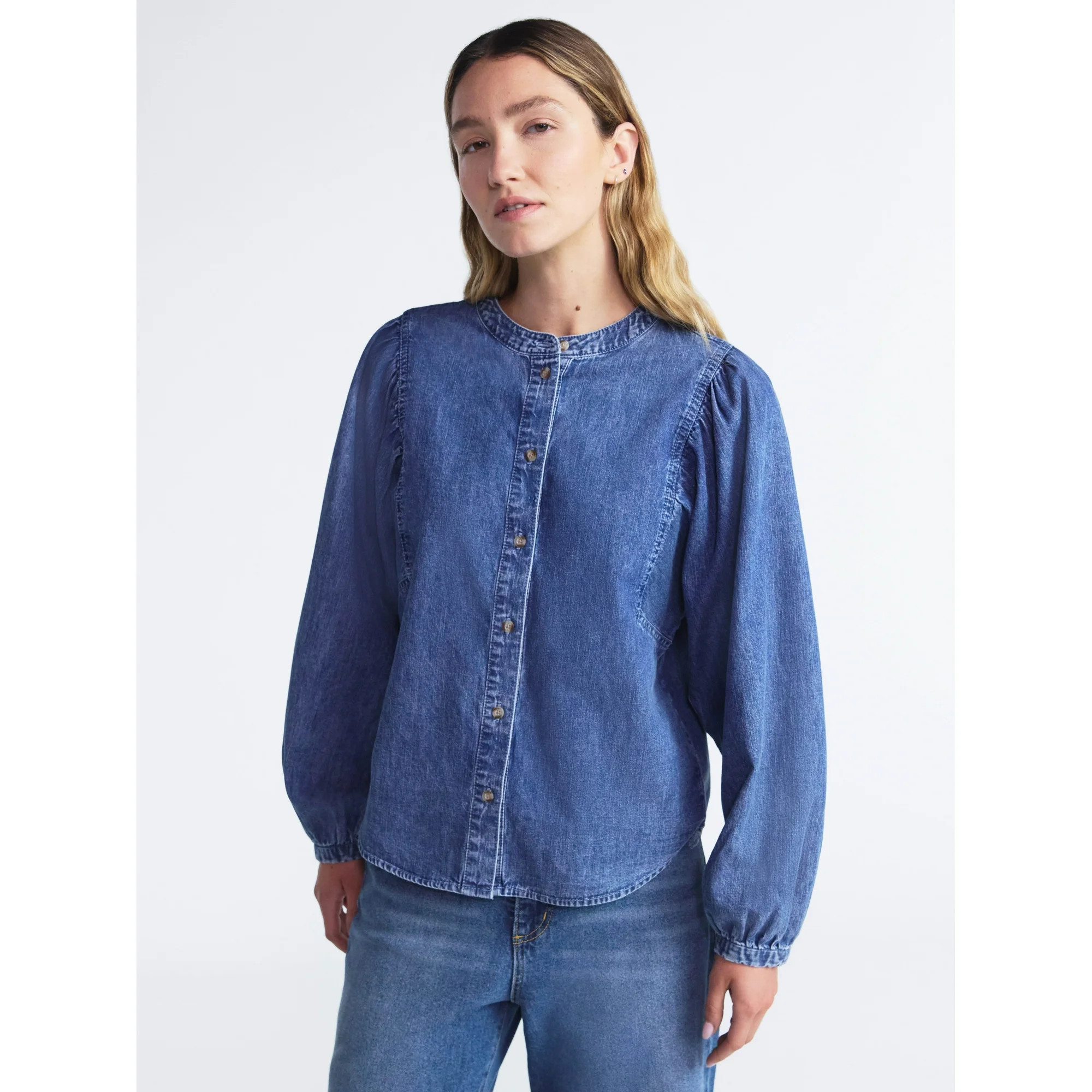 Hero image 0 of Scoop Women's Cotton Denim Shirt with Blouson Sleeves, Sizes XS-XXL, 0 of 5Choose... | Walmart (US)