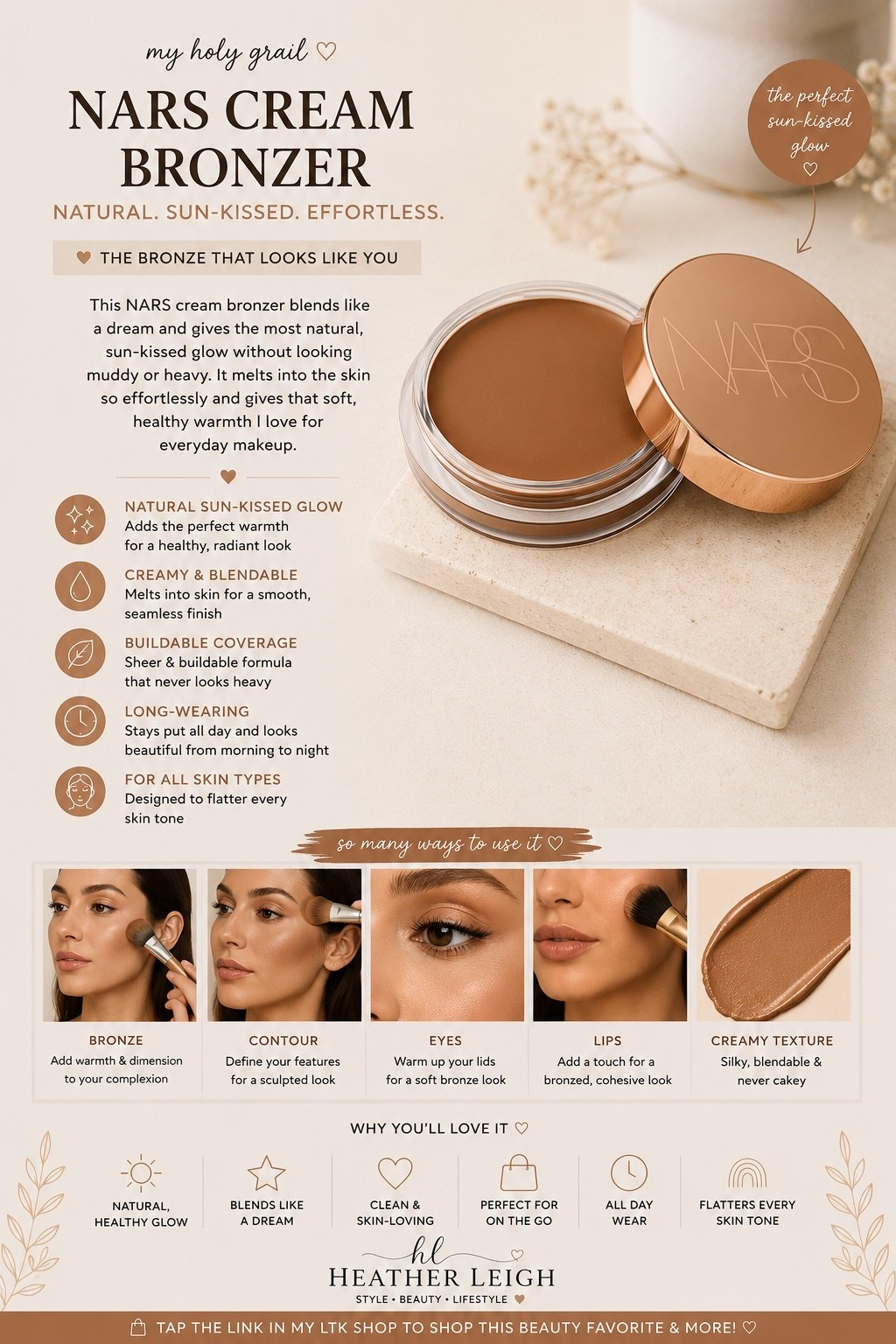 My forever go-to for that effortless sun-kissed glow 🤎✨
This NARS cream bronzer blends like a dream and gives the most natural warmth without ever looking muddy or heavy. Perfect for everyday makeup, no-makeup makeup days, and that healthy bronze glow all year long.

Easy to blend • buildable • creamy perfection ☀️

#LTKbeauty #NARS #CreamBronzer #SephoraFinds #MakeupFavorites #BeautyFinds #EverydayMakeup #BronzedGlow #HeatherLeigh #LTKStyle #GlowUp