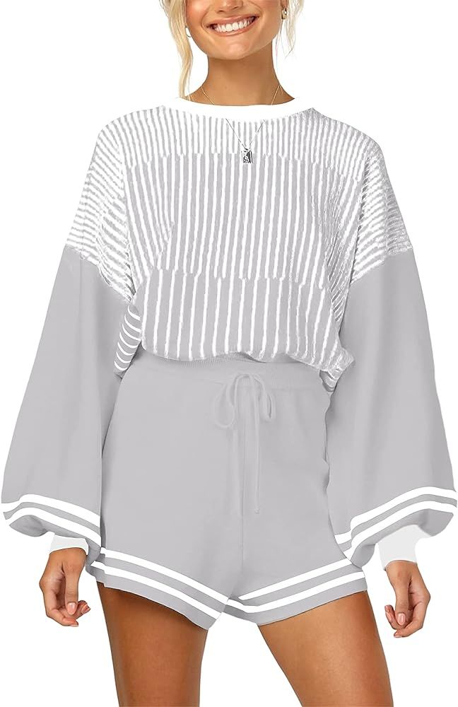 Faleave Women's 2 Piece Outfits Knitted Striped Sweater Crewneck Pullover Tops Shorts Set | Amazon (US)