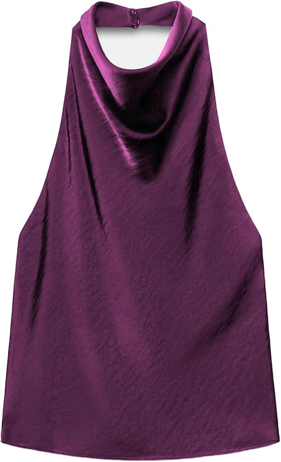 Women's Satin Tank Top Backless Halter Neck Camisole Elegant Draped Front Loose Fit Sexy Summer T... | Amazon (US)